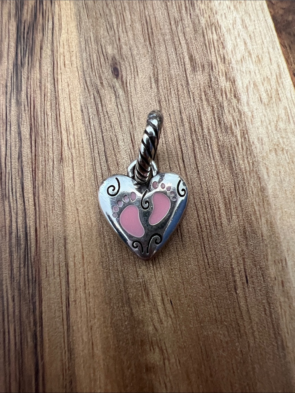 Silver Heart Charm with Pink baby footprints